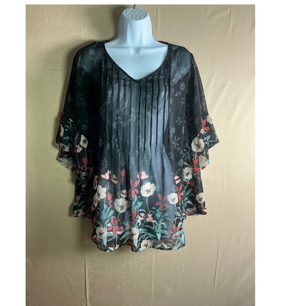 Style & Co Womens Floral Pintuck Chiffon Blouse Black Ruffle Sleeve Size M